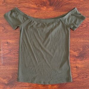 G by Guess Ribbed Off Shoulder Army Green Top